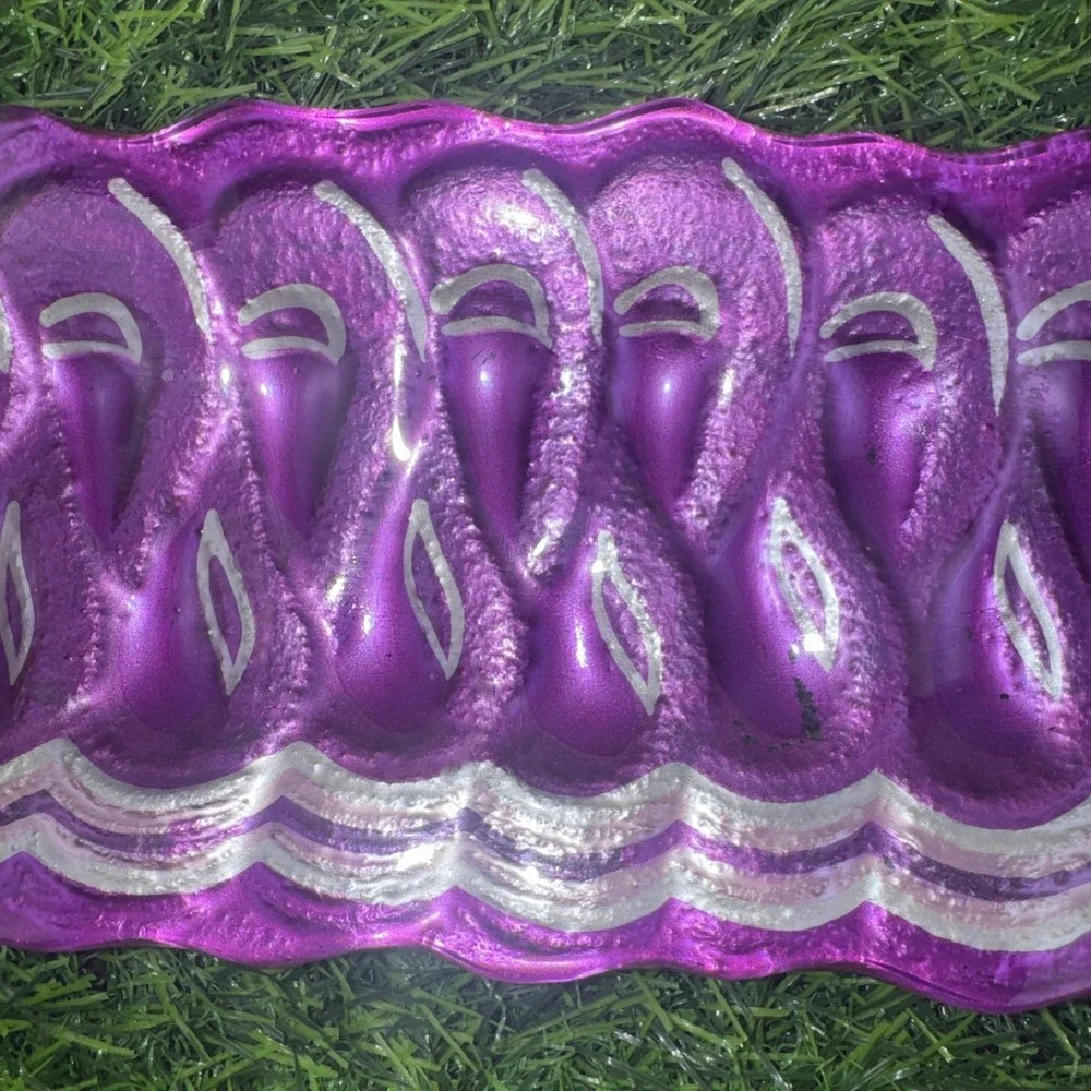 Fused Art Glass Ribbon Candy Tray Blue Magenta Silver Christmas Candy Dish Set